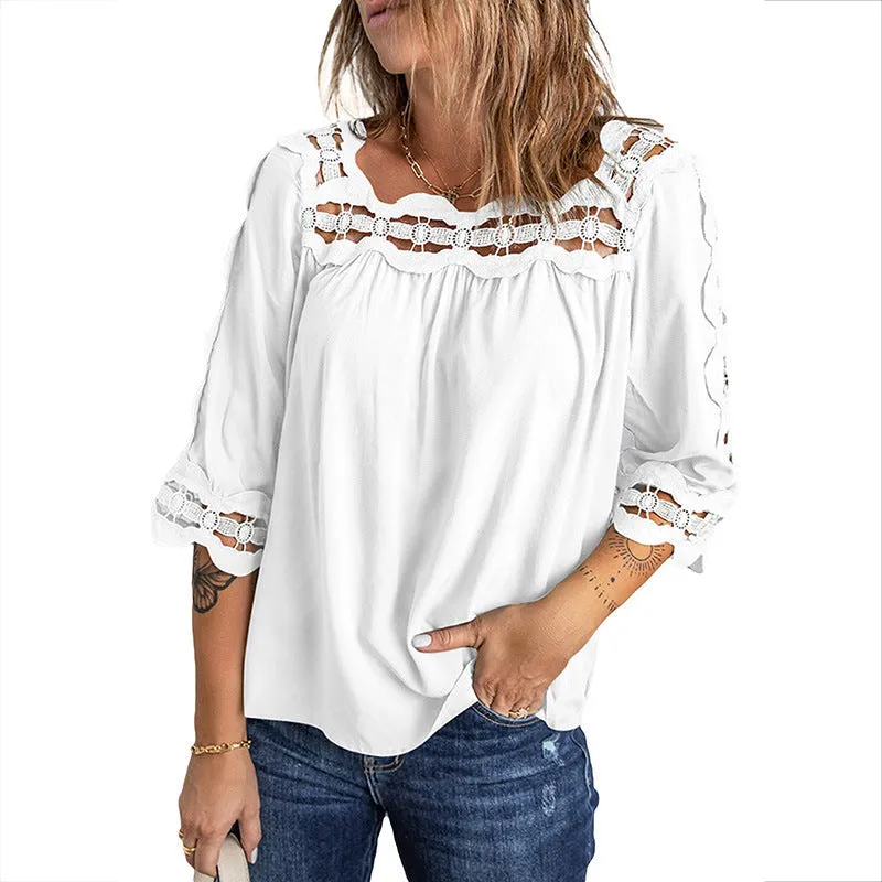 Women's Blouses Lace Panel Loose Half Sleeves Blouses