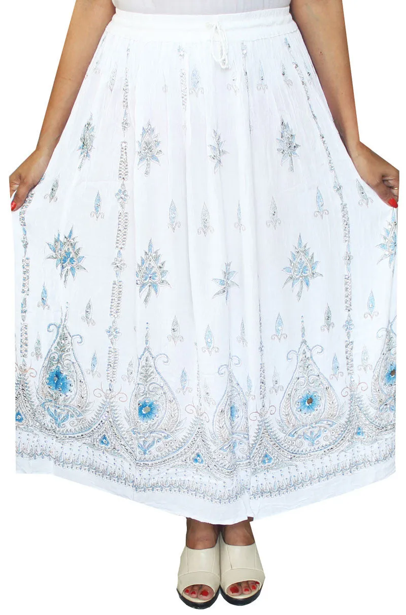 Womens Indian Long Skirts Sequins Ankle Length India Clothing (White)